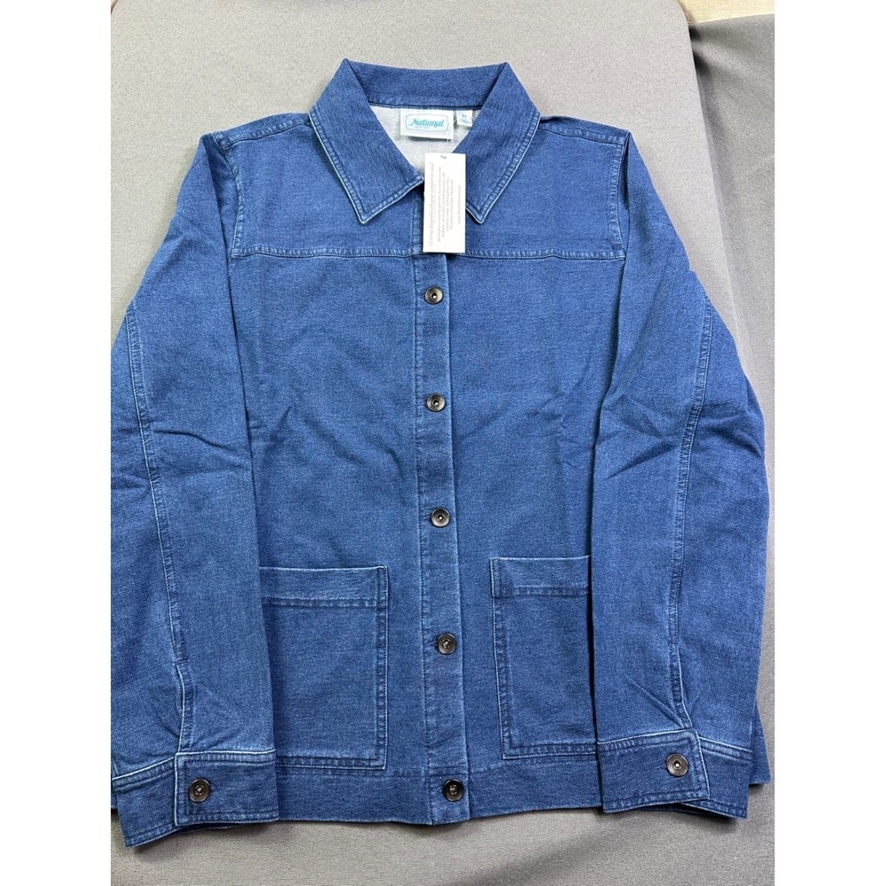 National Women Medium Blue Denim Knit Chore Jacket Button Front 24496 NEW
